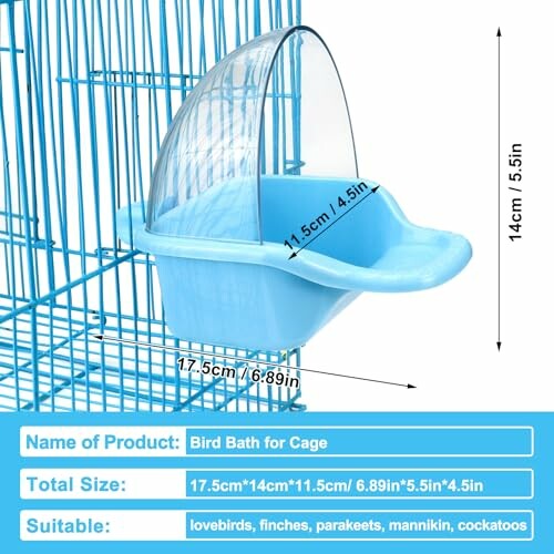 Blue bird bath attached to a cage with dimensions labeled.