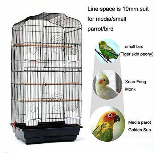 Bird cage suitable for small to medium parrots with images of parrot varieties.