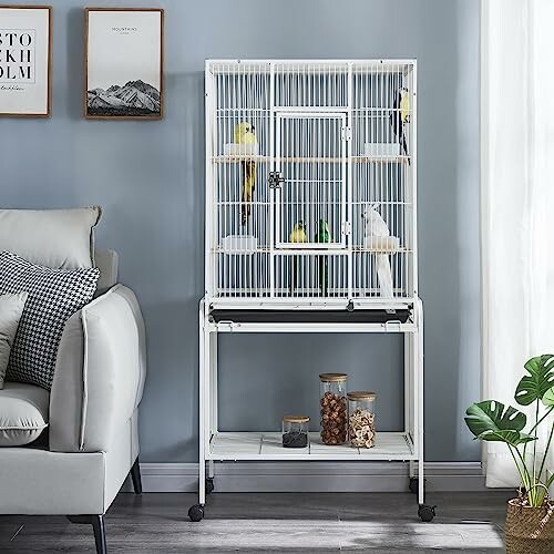 Bird cage with birds in a living room setting