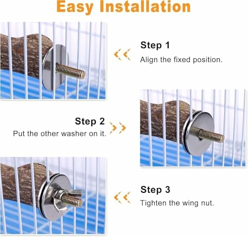 Installation steps for attaching a perch to a bird cage.