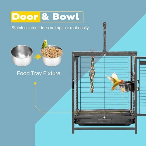 Bird cage with food tray fixture and stainless steel bowl.