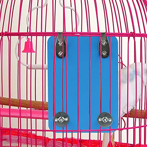 Parakeet in a colorful bird cage with toy and perch.