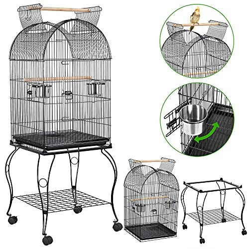 Bird cage with perch, stand, and feeding cup.