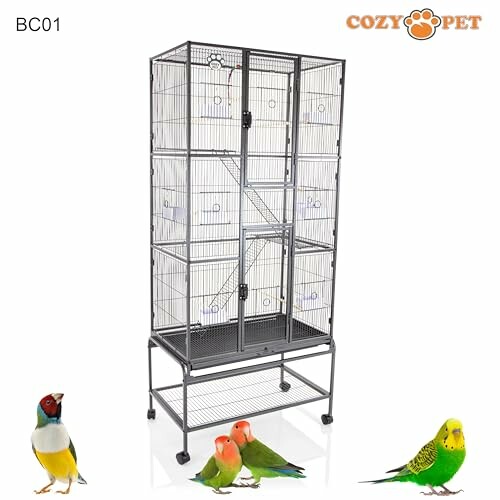 Large bird cage with stand and colorful birds nearby.