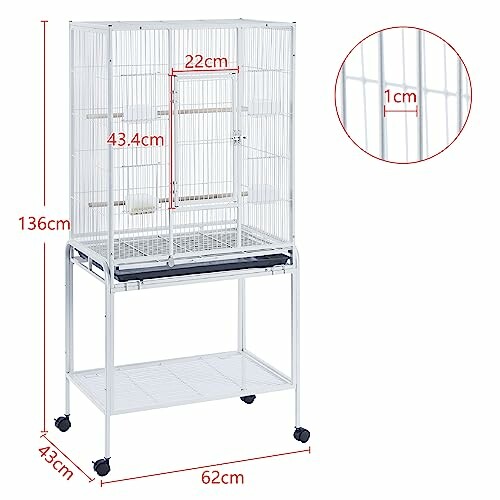 Bird cage on stand with dimensions labeled