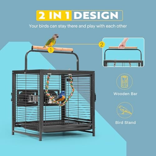 Bird cage with wooden bar and bird stand.