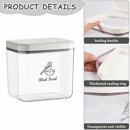 Bird feed storage container with sealing features.