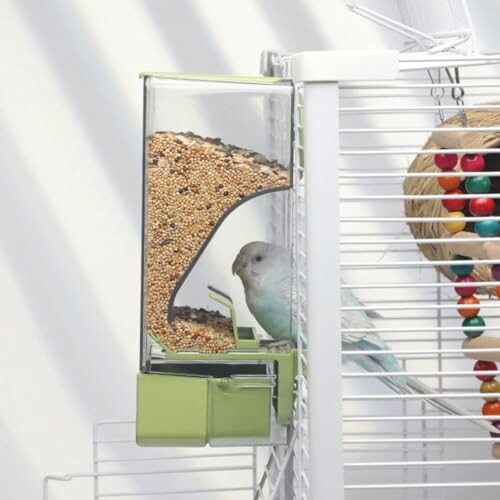 Parakeet eating from a bird feeder attached to a cage.