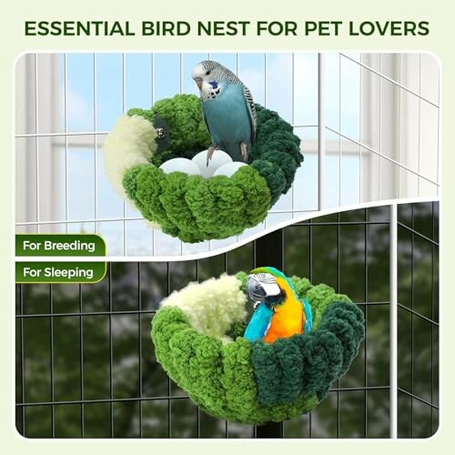 Two birds in green nests designed for breeding and sleeping.