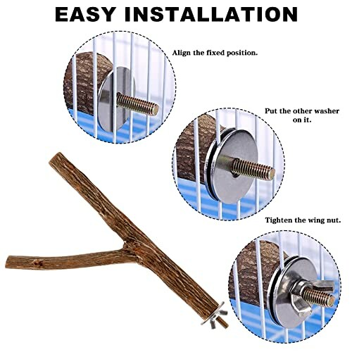 Installation steps for attaching a bird perch to a cage.