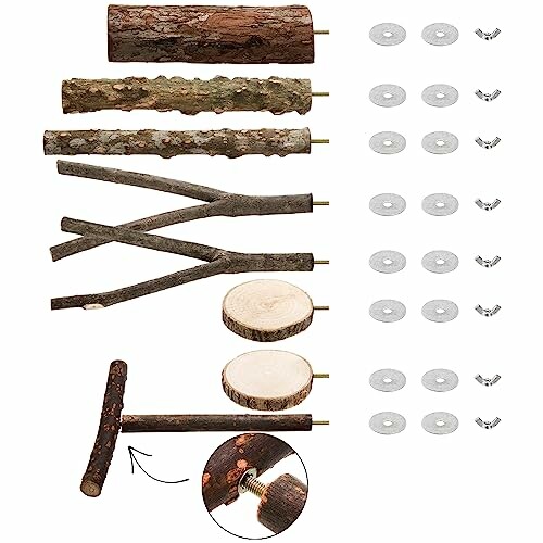 Assorted natural wood bird perches with hardware for installation.