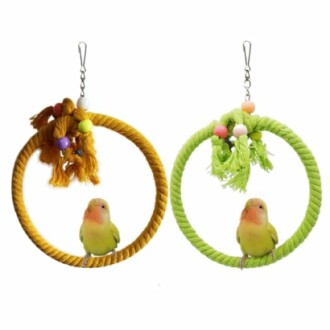 Two colorful rope perch toys with a small bird sitting on each.