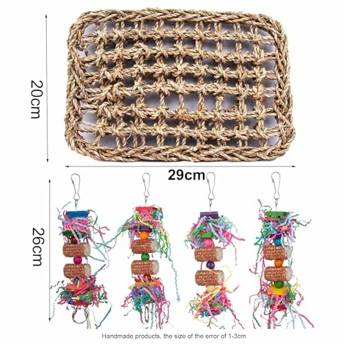 Bird toy set with colorful hanging toys and a woven rope net.