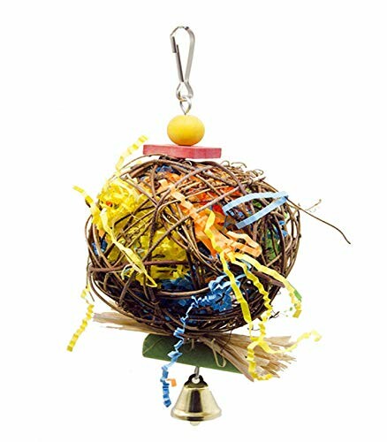 Colorful bird toy with vine ball, paper shreds, and bell.