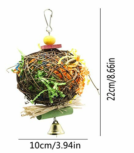 Colorful bird toy with bell and natural materials.