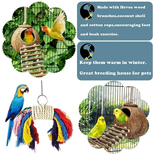 Bird toys and houses with parrots and budgies, featuring coconuts and rope.