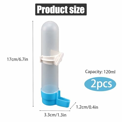 Bird water dispenser with dimensions and capacity details.