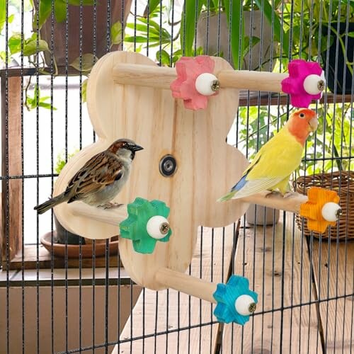 Birds playing on a colorful wooden perch inside a cage.