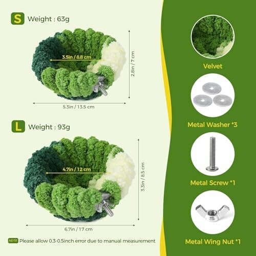 Dimensions and components of broccoli-shaped kitchen gadget in two sizes.