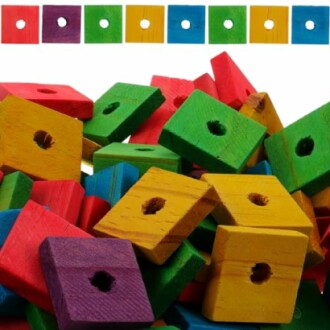 Pile of colorful wooden square blocks with holes.