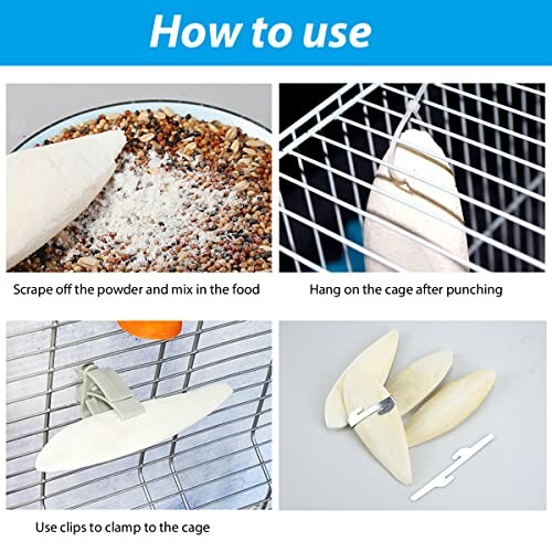 Instructions for using cuttlefish bone in bird cages.