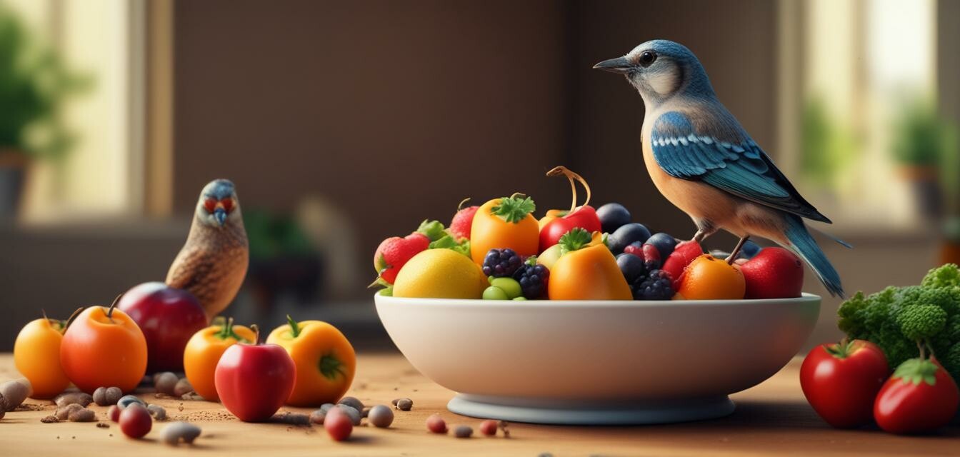 Bird eating fresh fruits and vegetables