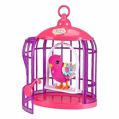 Interactive toy bird in a pink and purple cage.