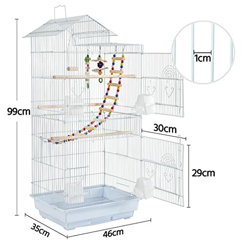 Large white bird cage with dimensions and accessories.