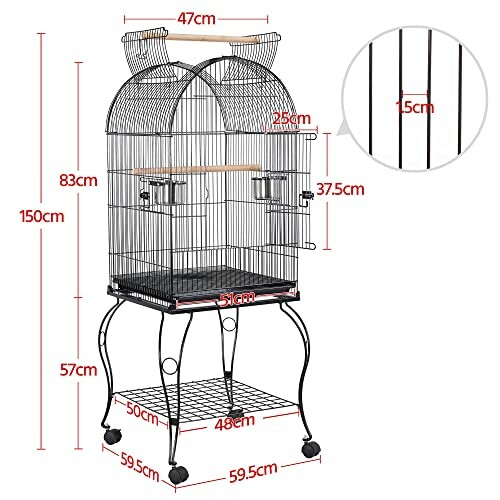 Large bird cage with stand and measurements.