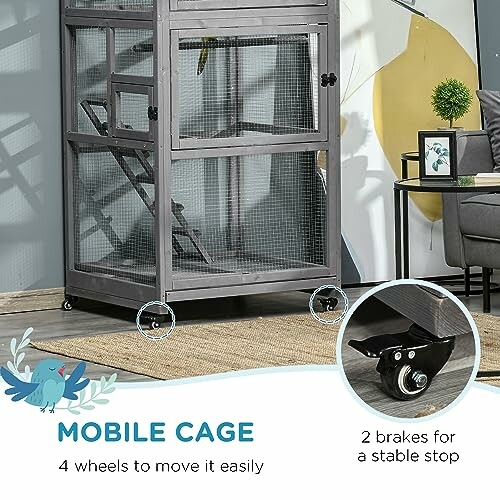 Mobile cage with wheels and brakes for easy movement.