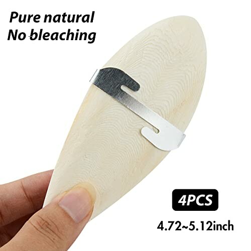 Wooden scraper tool with metal clip, labeled 'Pure natural, No bleaching, 4PCS, 4.72~5.12 inch'.