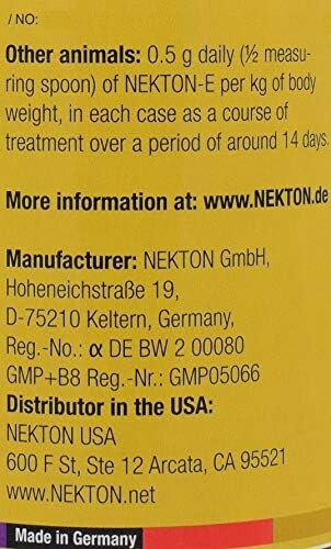 Nekton-E supplement instructions and manufacturer details.