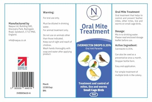 Oral mite treatment package for small cage birds.