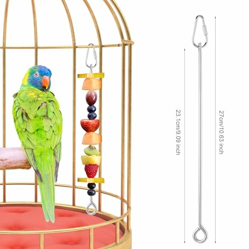 Parrot in a cage with a fruit toy skewer.