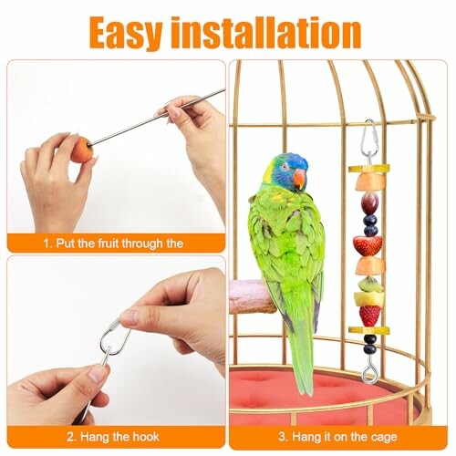 Instructions for installing a parrot fruit holder with a bird on a cage.