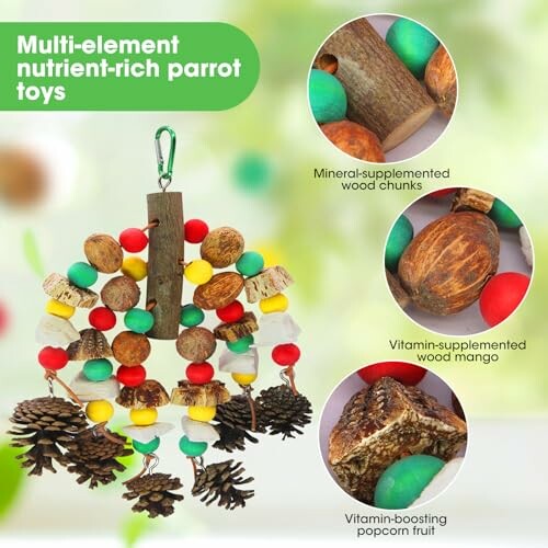 Multi-element nutrient-rich parrot toy with wood chunks, mango, and popcorn.