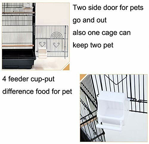 Pet cage with side doors and feeder cup.