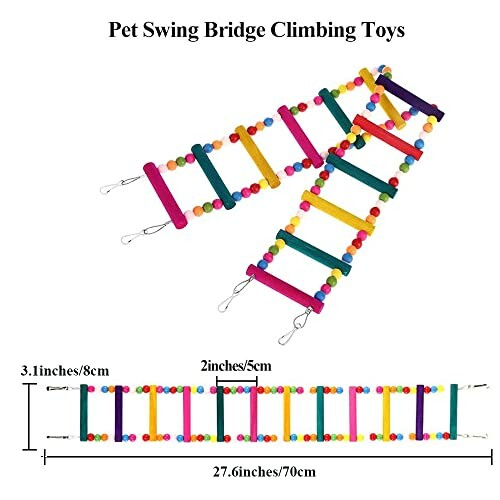 Colorful pet swing bridge climbing toys with dimensions.