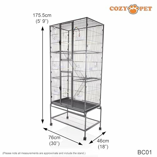 Tall bird cage with stand, dimensions 175.5cm high, 76cm wide, 46cm deep.