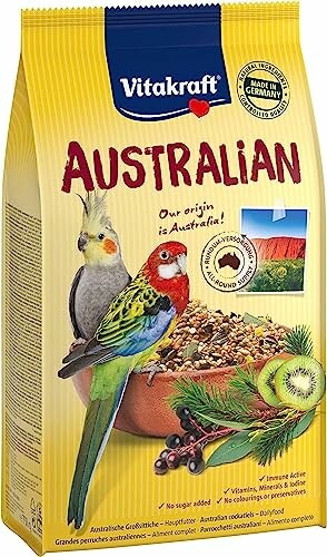 Vitakraft Australian bird food package with colorful parrots and ingredients.