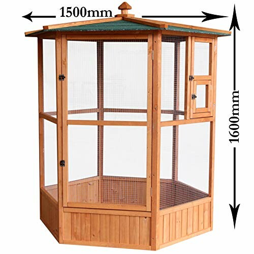 Wooden octagonal bird cage with mesh panels and a small door, dimensions labeled as 1500mm by 1600mm.